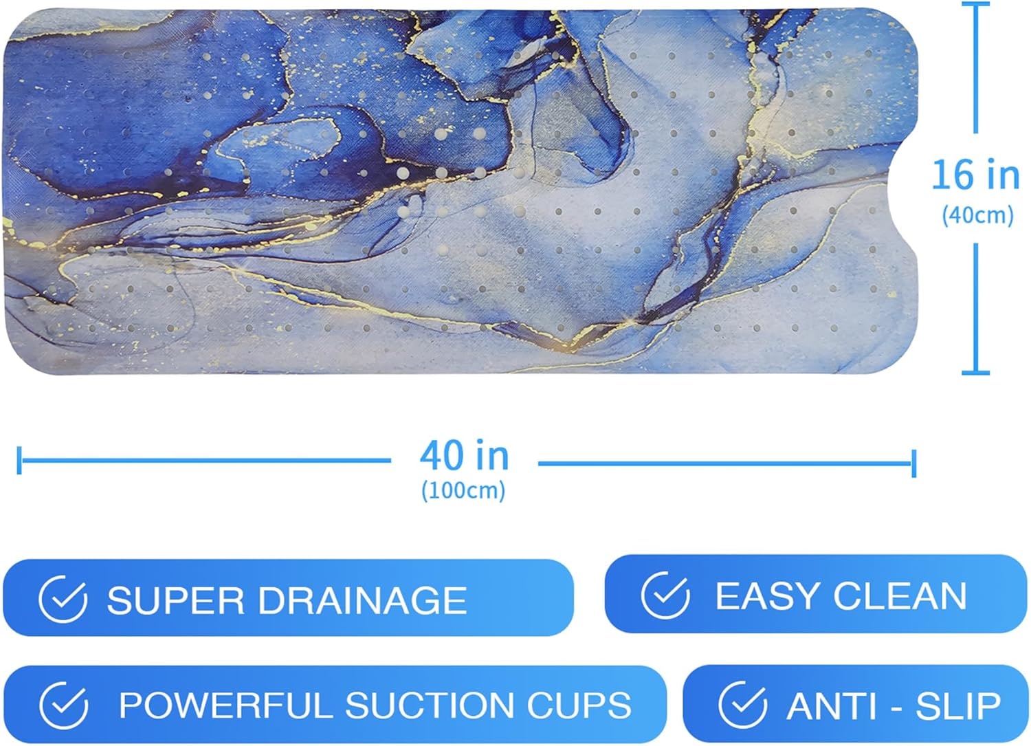 Denifeiya Blue Non Slip Marble Bathtub Mat 40x16