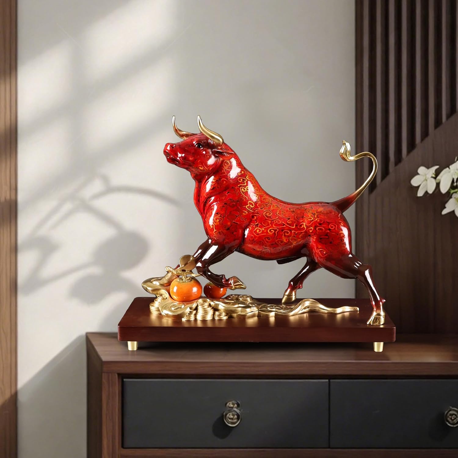 Brass Charging Bull Statue - Red Gold Home Decor Sculpture