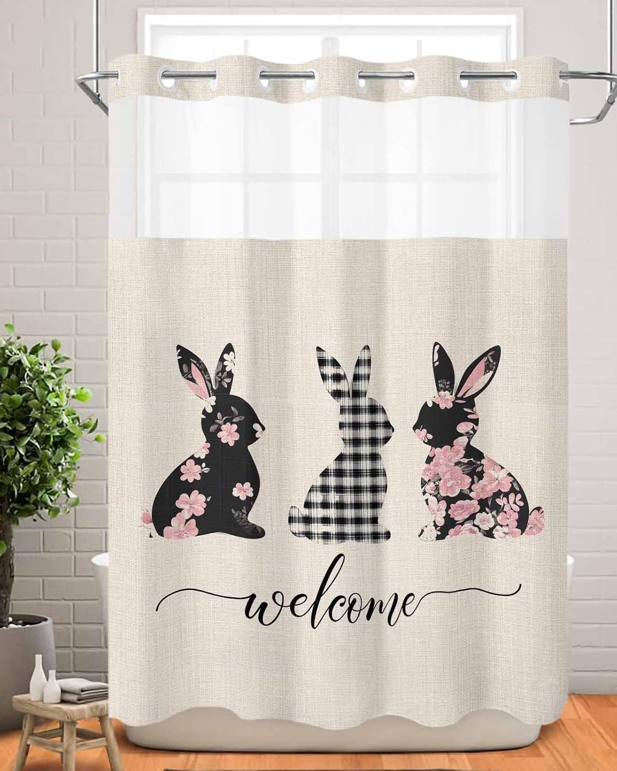No Hook Easter Bunny Shower Curtain Set Black Checkered