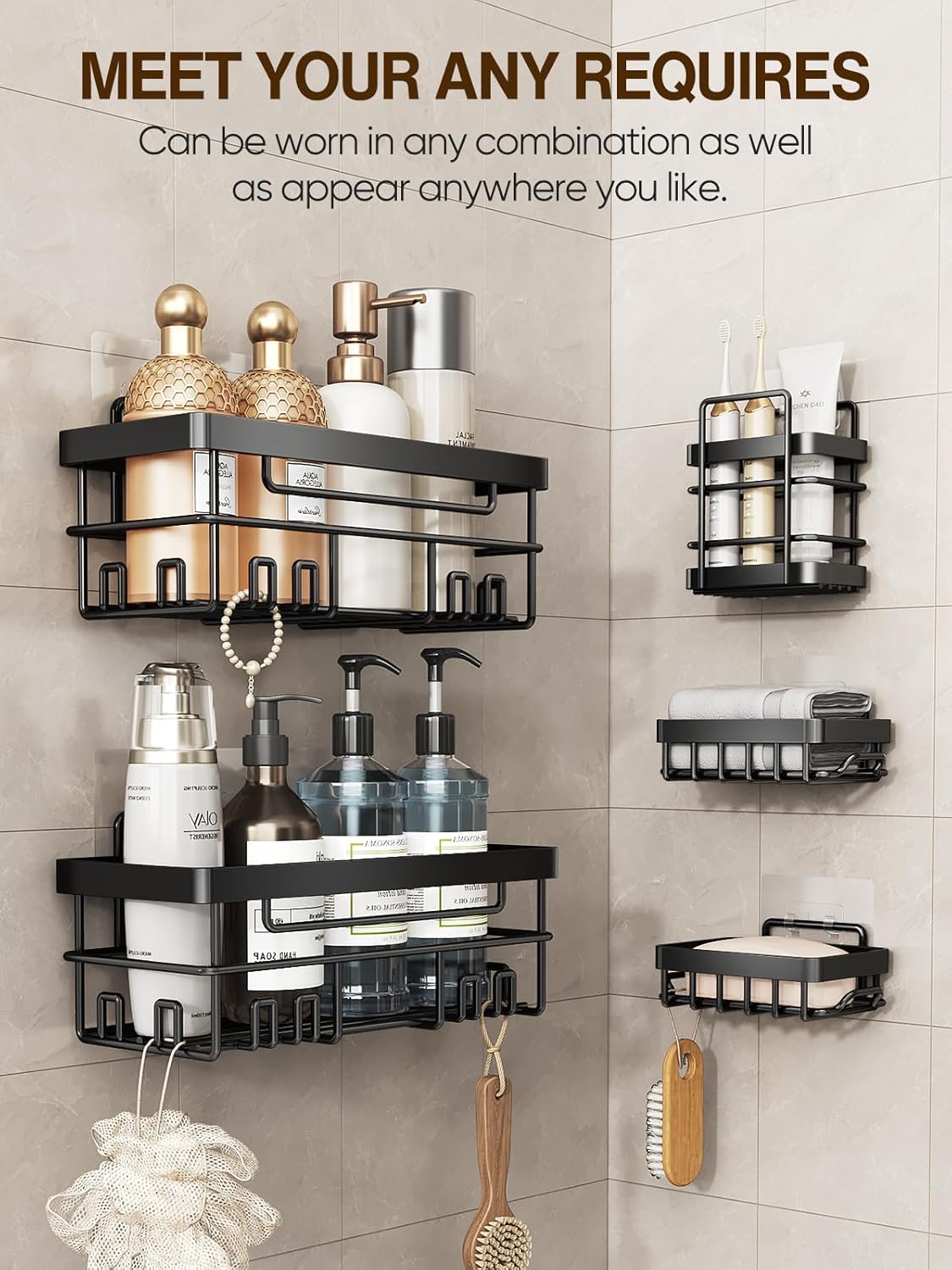 Cobbe 5-Pack Adhesive Shower Caddy with Soap Toothbrush Holder Black