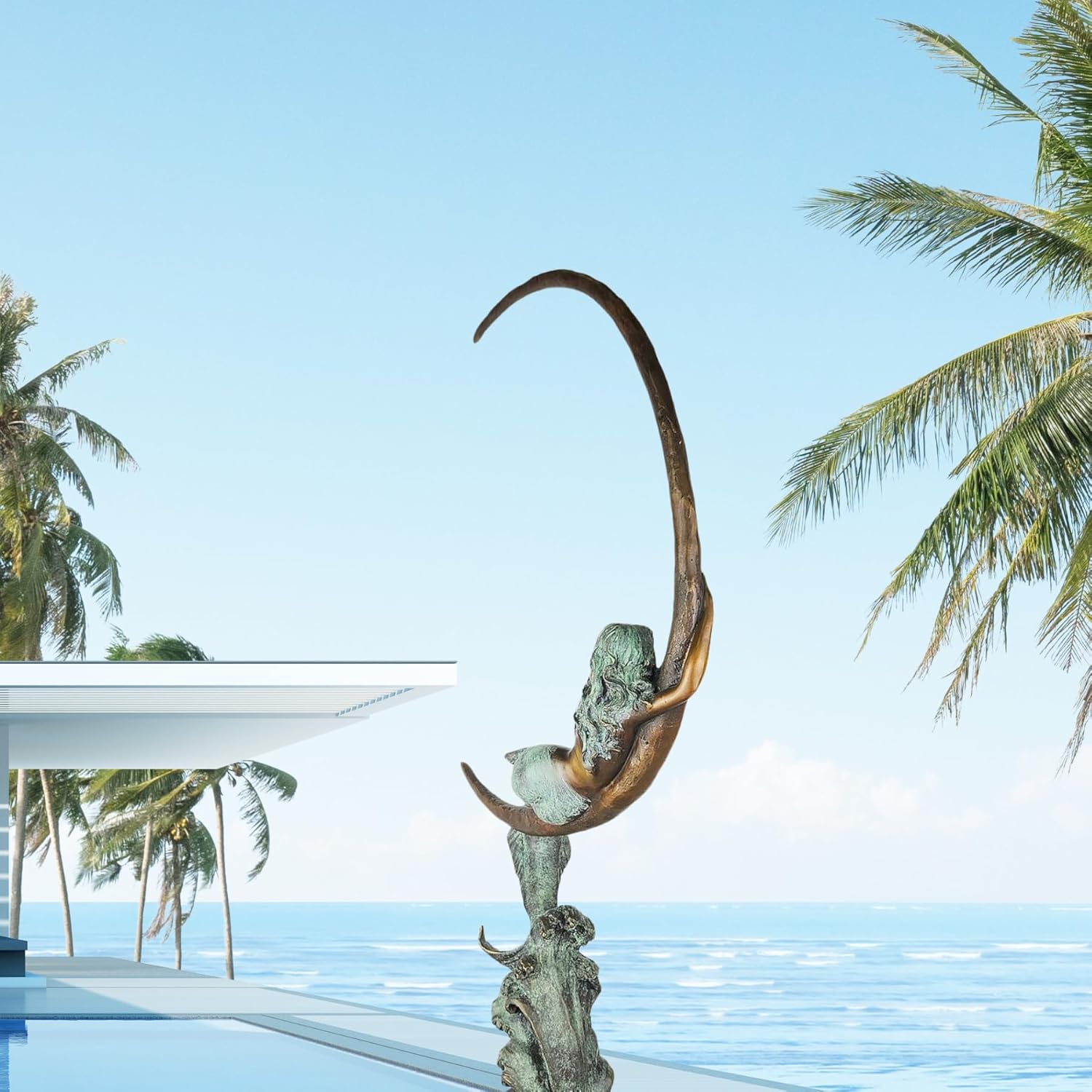 Bronze Mermaid on Crescent Moon Sculpture Moonlight Siren