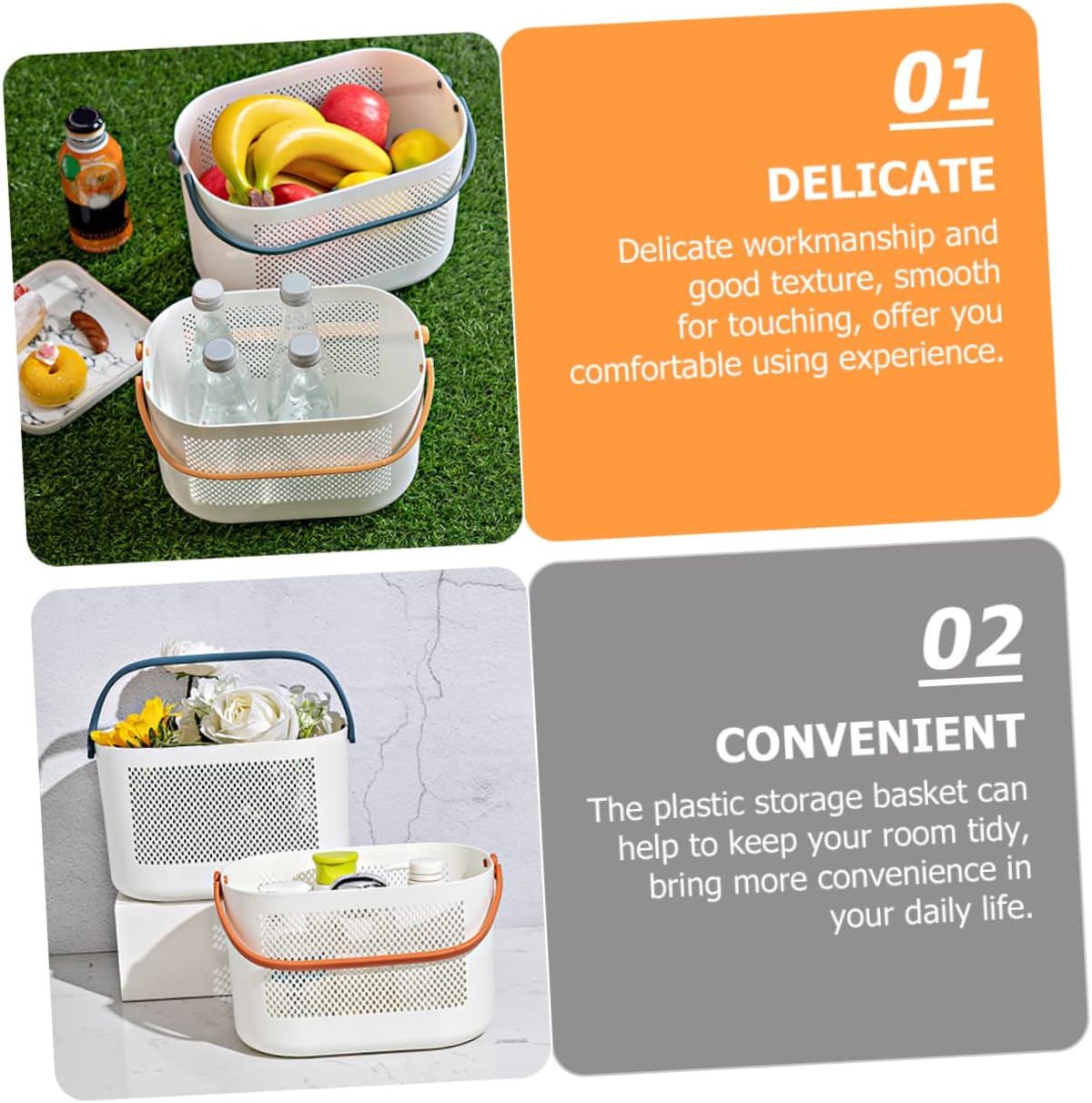 Mobestech Lightweight Plastic Storage Basket with Handles for Bathroom and Kitchen