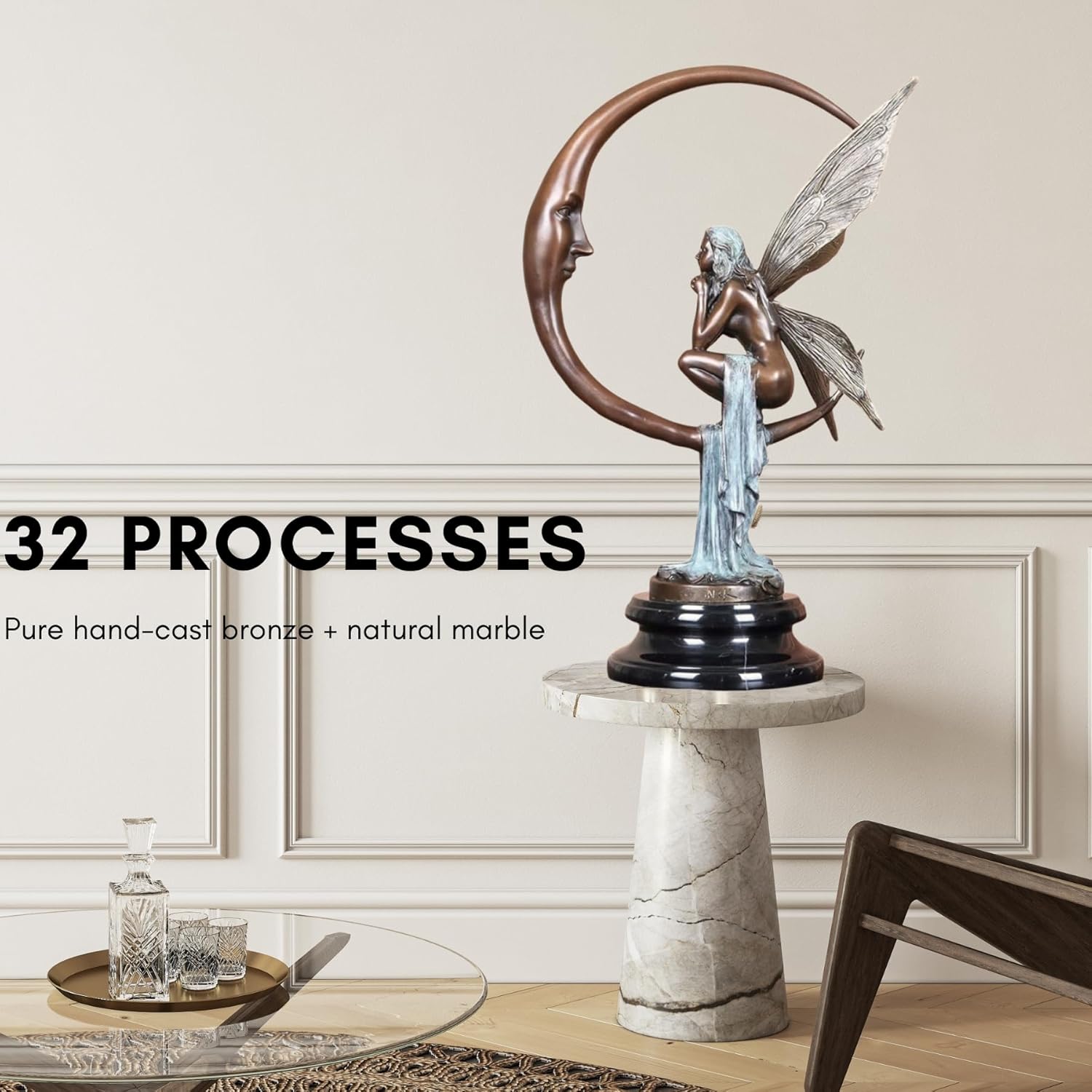 Bronze Fairy on Crescent Moon Sculpture - 157 Tall Art Decor
