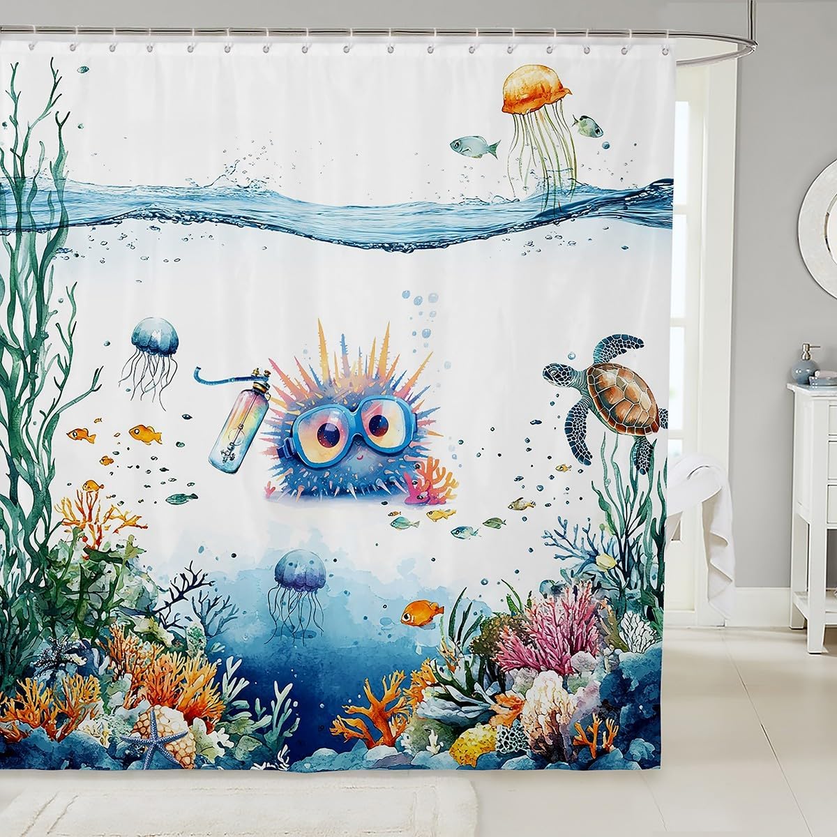 Funny Sea Urchin Shower Curtain Set with 12 Hooks