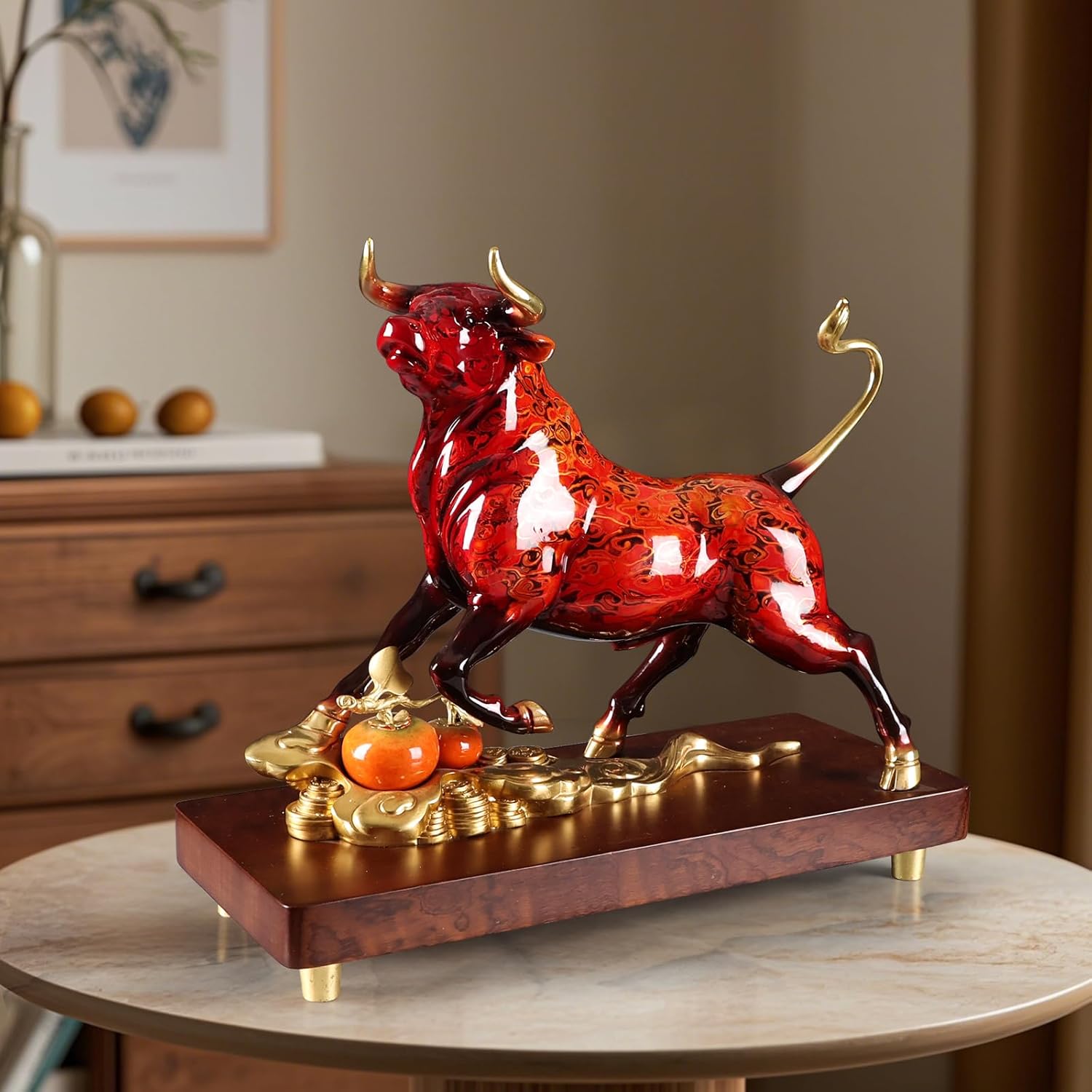 Brass Charging Bull Statue - Red Gold Home Decor Sculpture