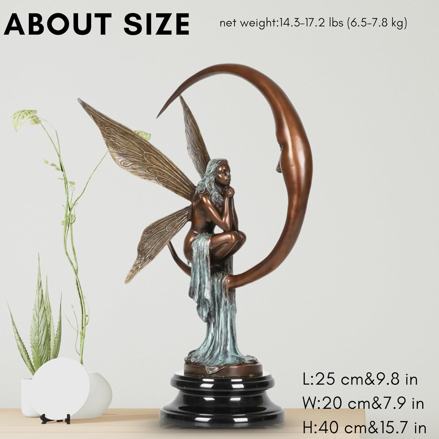 Bronze Fairy on Crescent Moon Sculpture - 157 Tall Art Decor