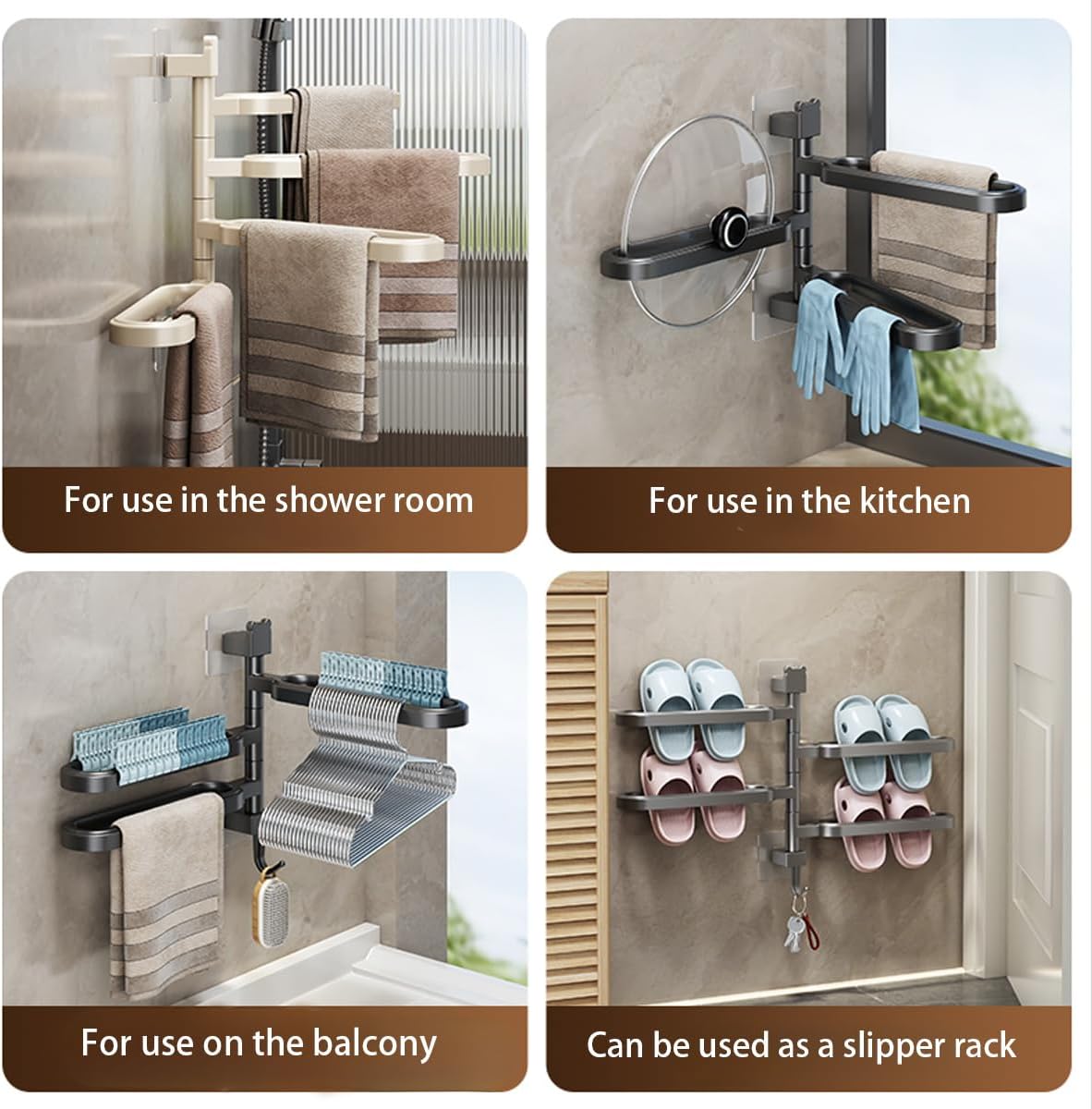 Longhuo 4-Rod Towel Rack Black Wall Mount Rotatable