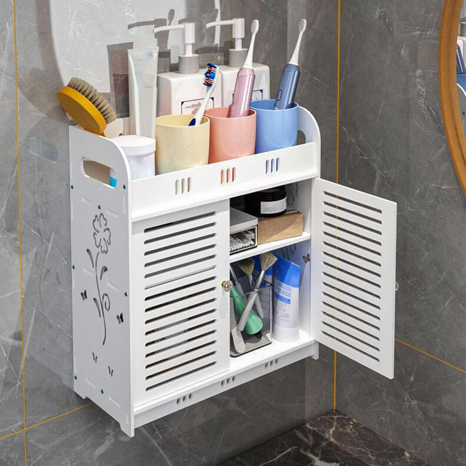 Bathroom Wall Cabinet with Multi-Grid Tiers and Hollow Flower Design