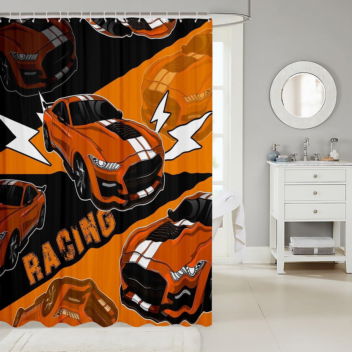 Erosebridal Race Car Shower Curtain Set for Boys Kids