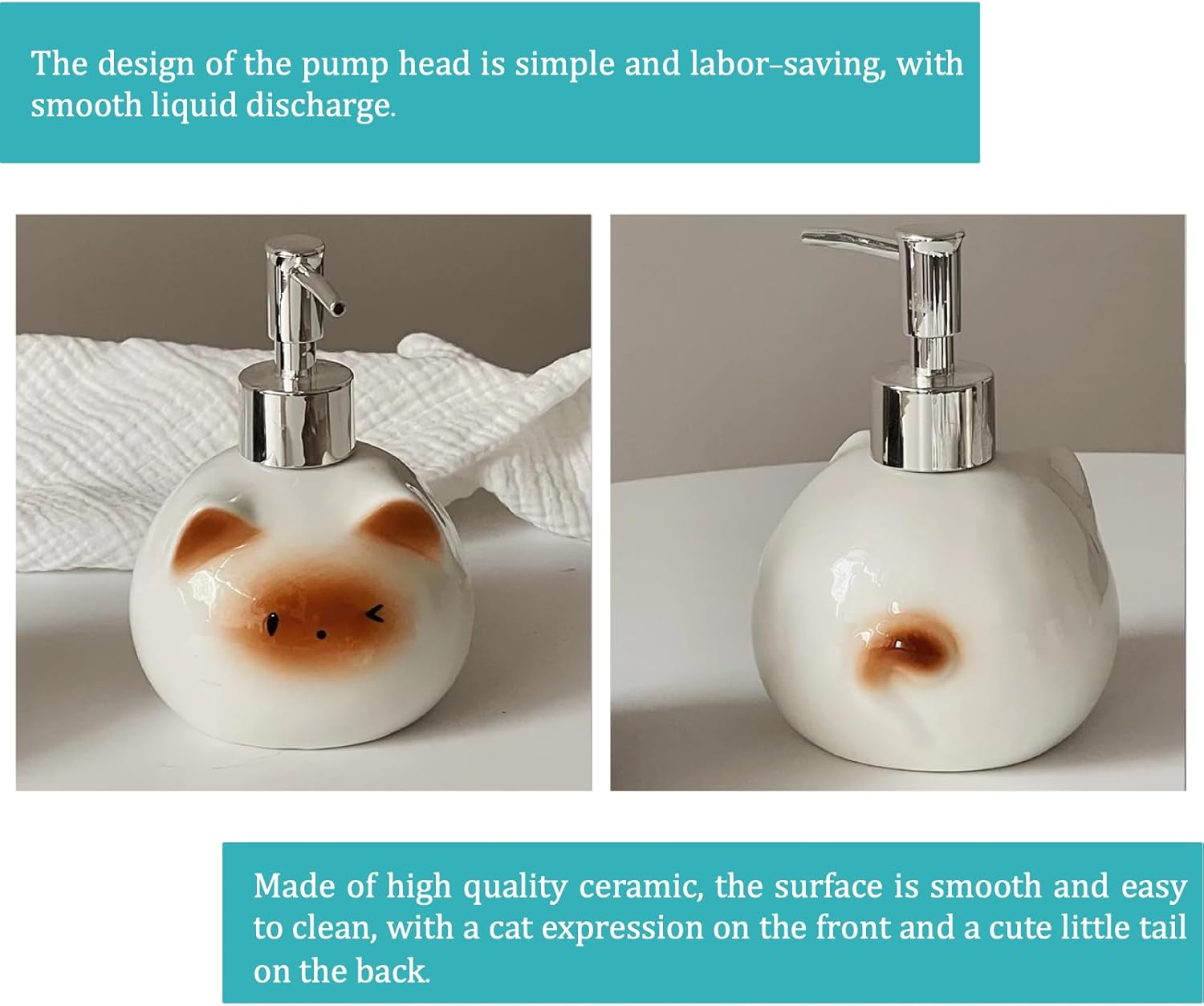 Ceramic Cat Soap Dispenser with Stainless Steel Pump 15 oz Refillable