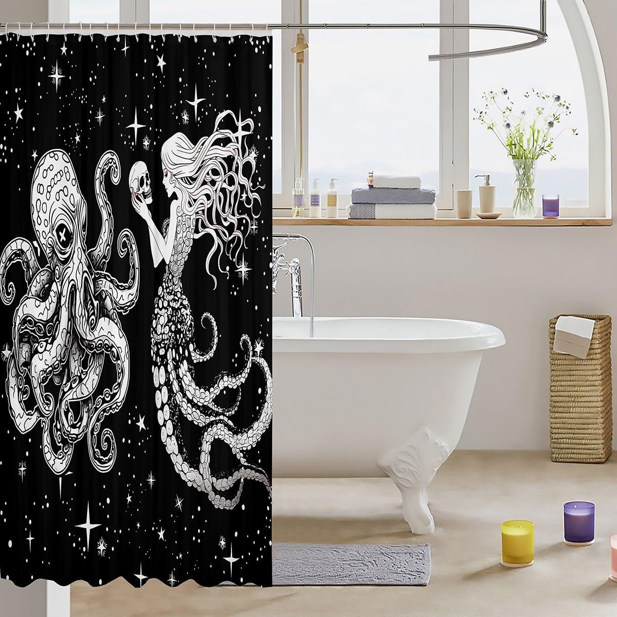 Erosebridal Galaxy Starry Octopus Mermaid Bath Curtain Set
