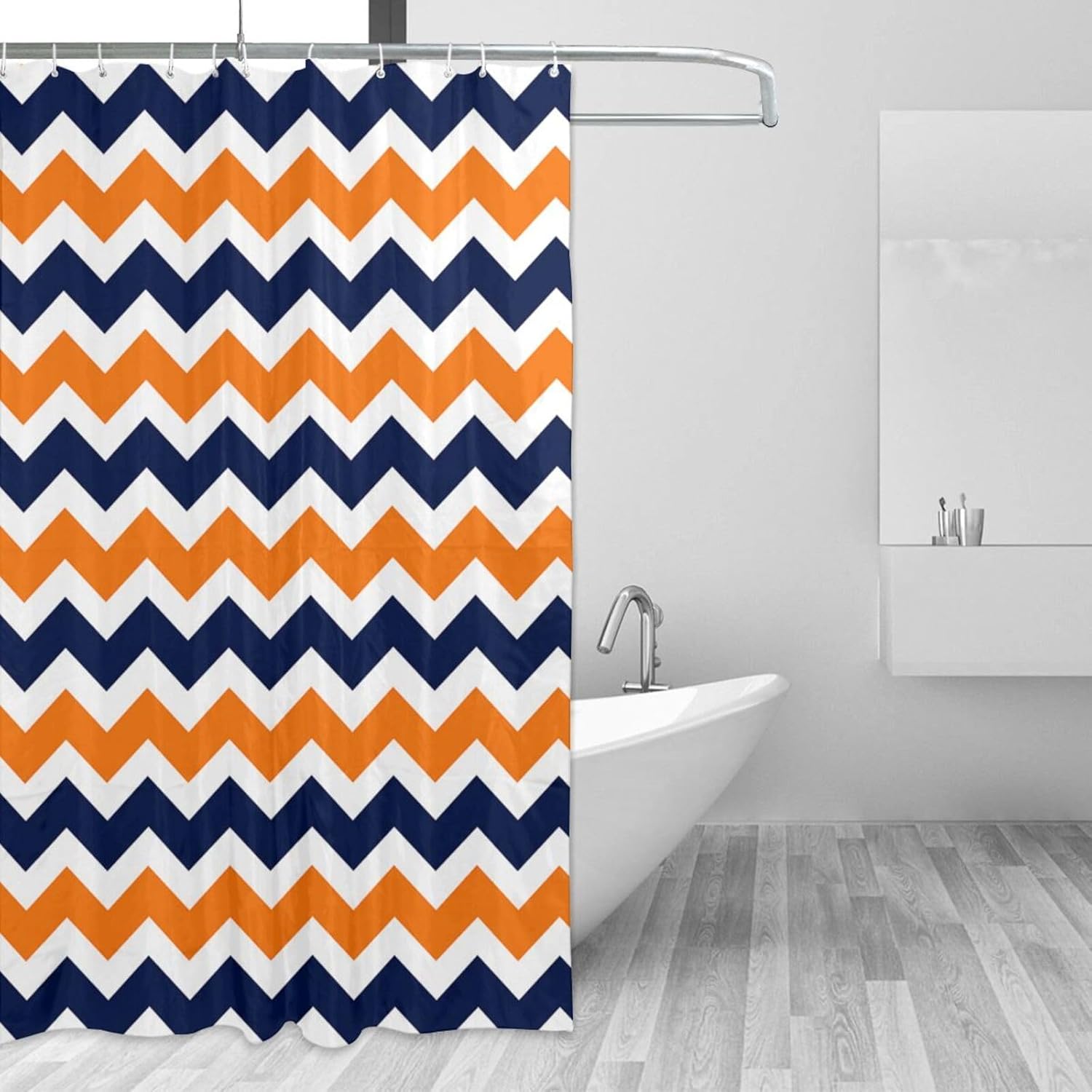 FUNNY KIDS HOME Navy Deep Blue Orange Chevron Shower Curtain Set