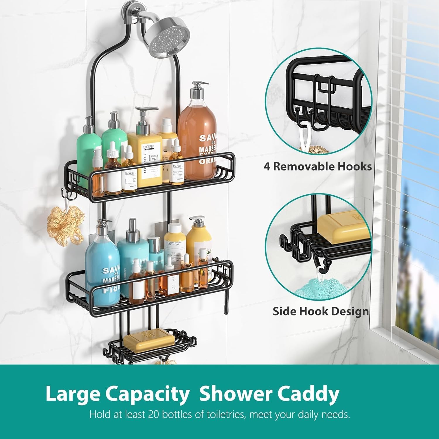 HAMITOR Adjustable Shower Caddy with 3-Tier Baskets and 4 Hooks - Black 1