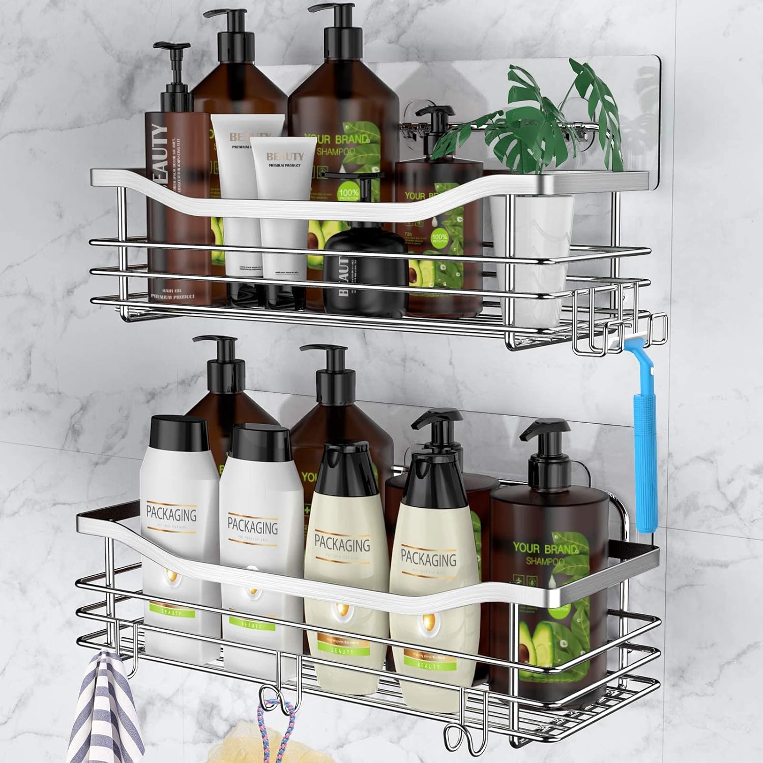 Orimade 2-Pack Shower Caddy with 5 Hooks and Adhesive