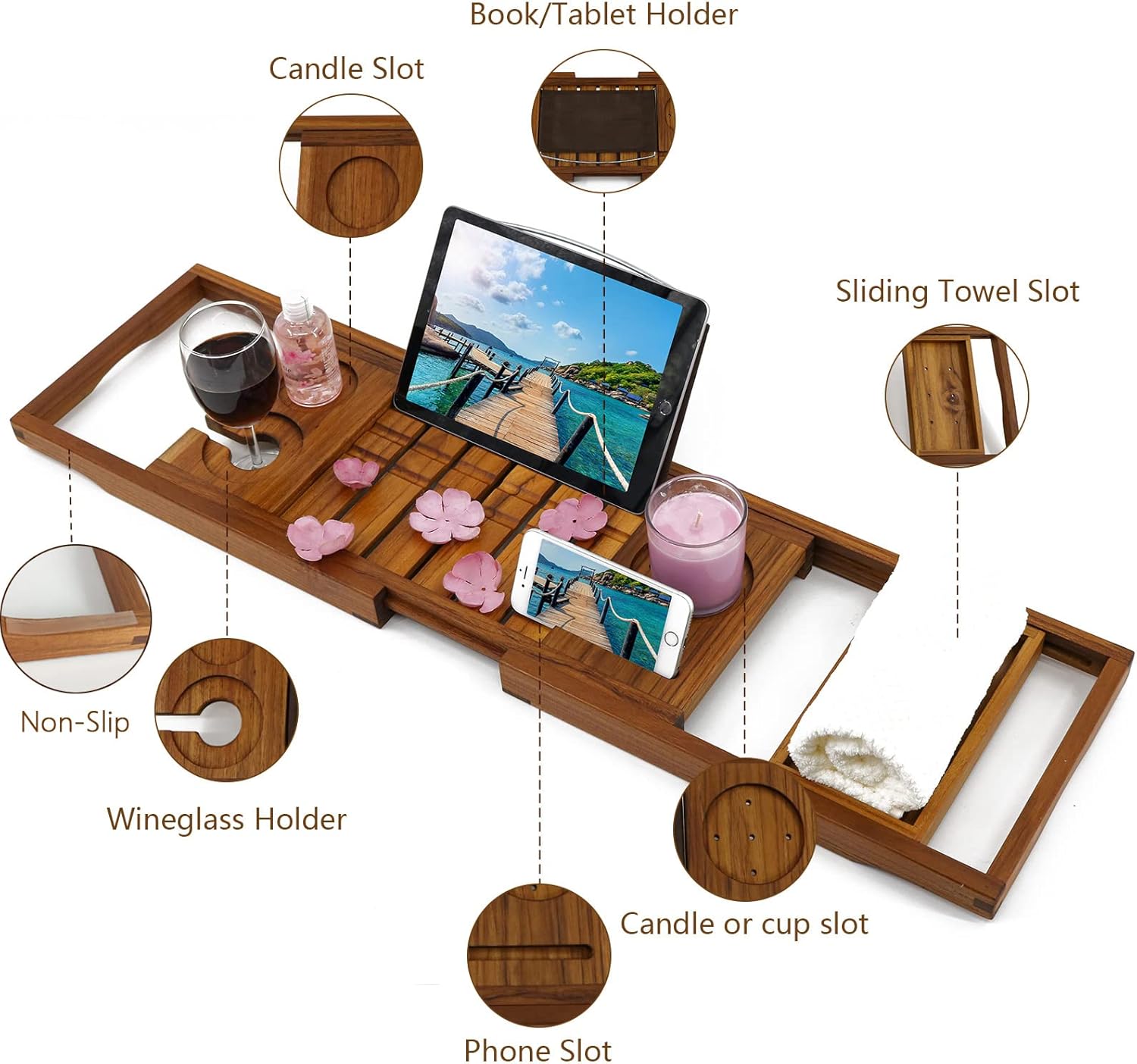 Utoplike Teak Bathtub Caddy with Tablet Holder