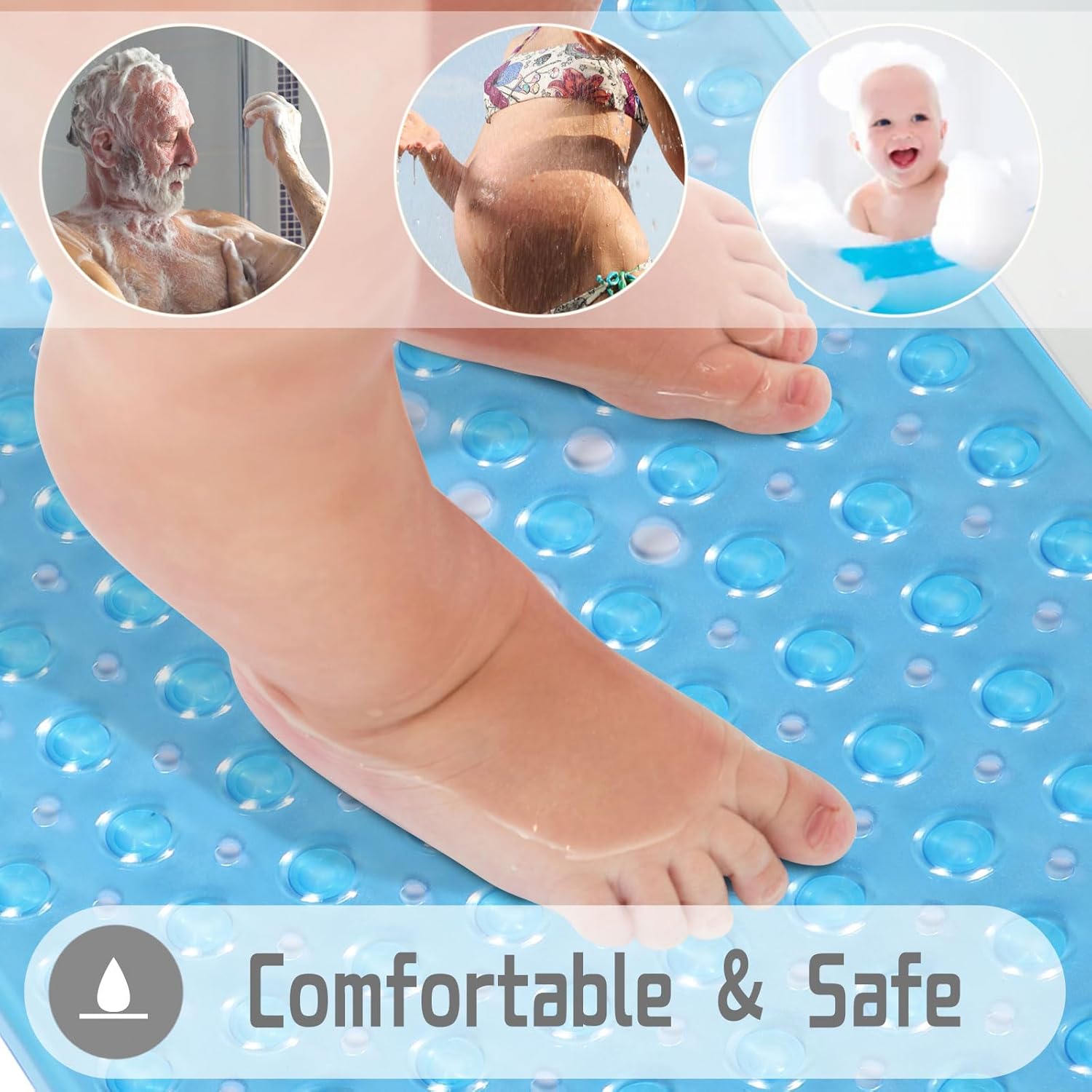 Yimobra Non-Slip Bath Mat 40x16 Clear Blue with 200 Suction Cups