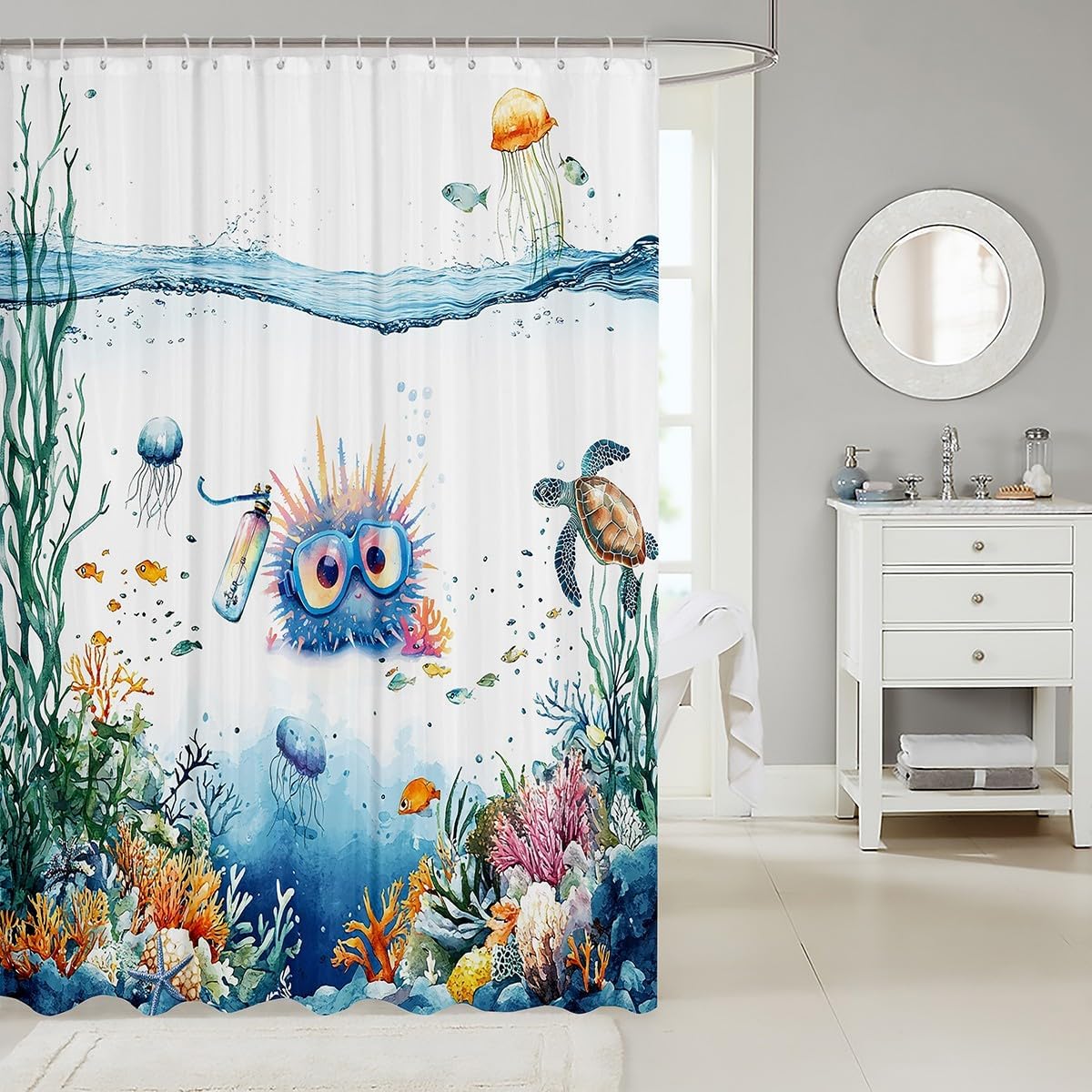 Funny Sea Urchin Shower Curtain Set with 12 Hooks