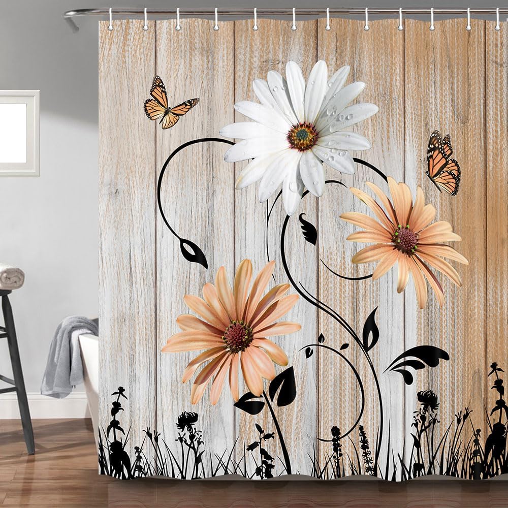 Rustic Farmhouse Floral Shower Curtain Set with Hooks