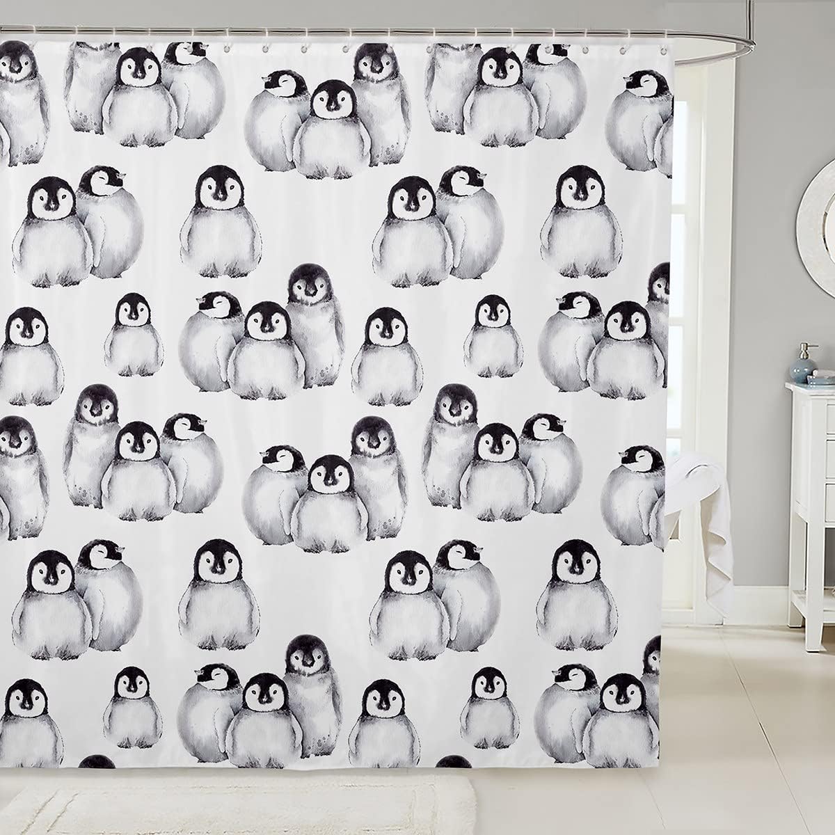Erosebridal Penguin Bath Curtain Set Grey White Black 72x78