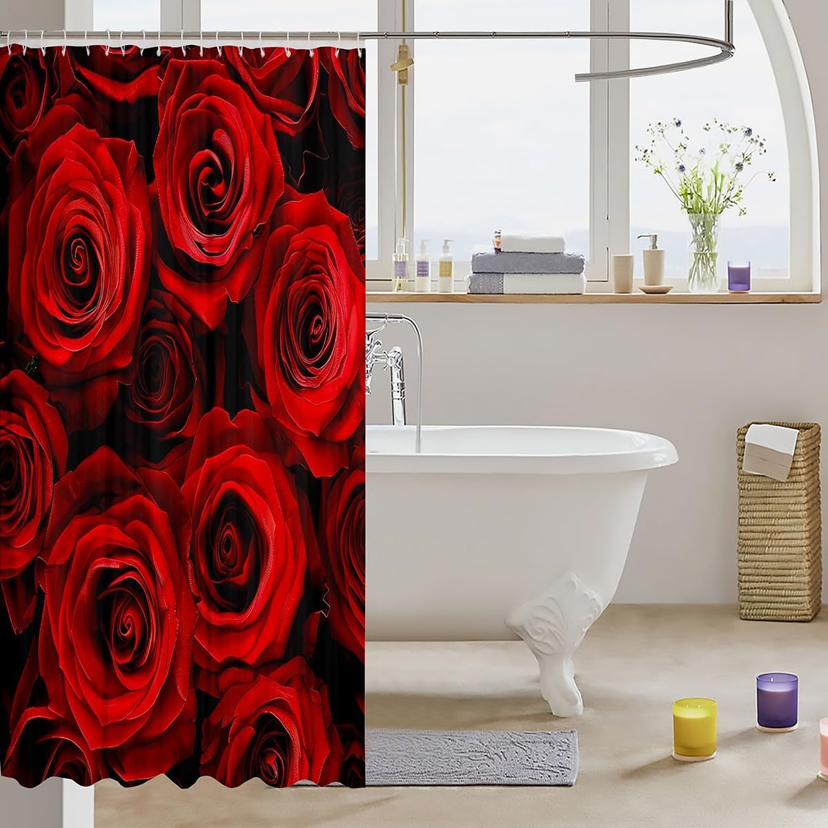 Red Rose Ombre Black Floral Shower Curtain Set 72x78