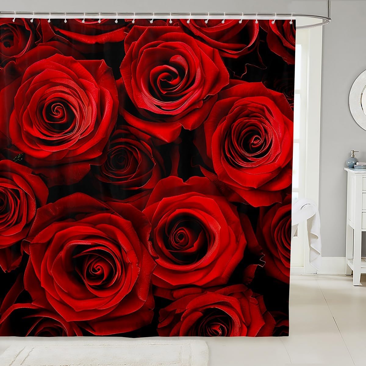 Red Rose Ombre Black Floral Shower Curtain Set 72x78