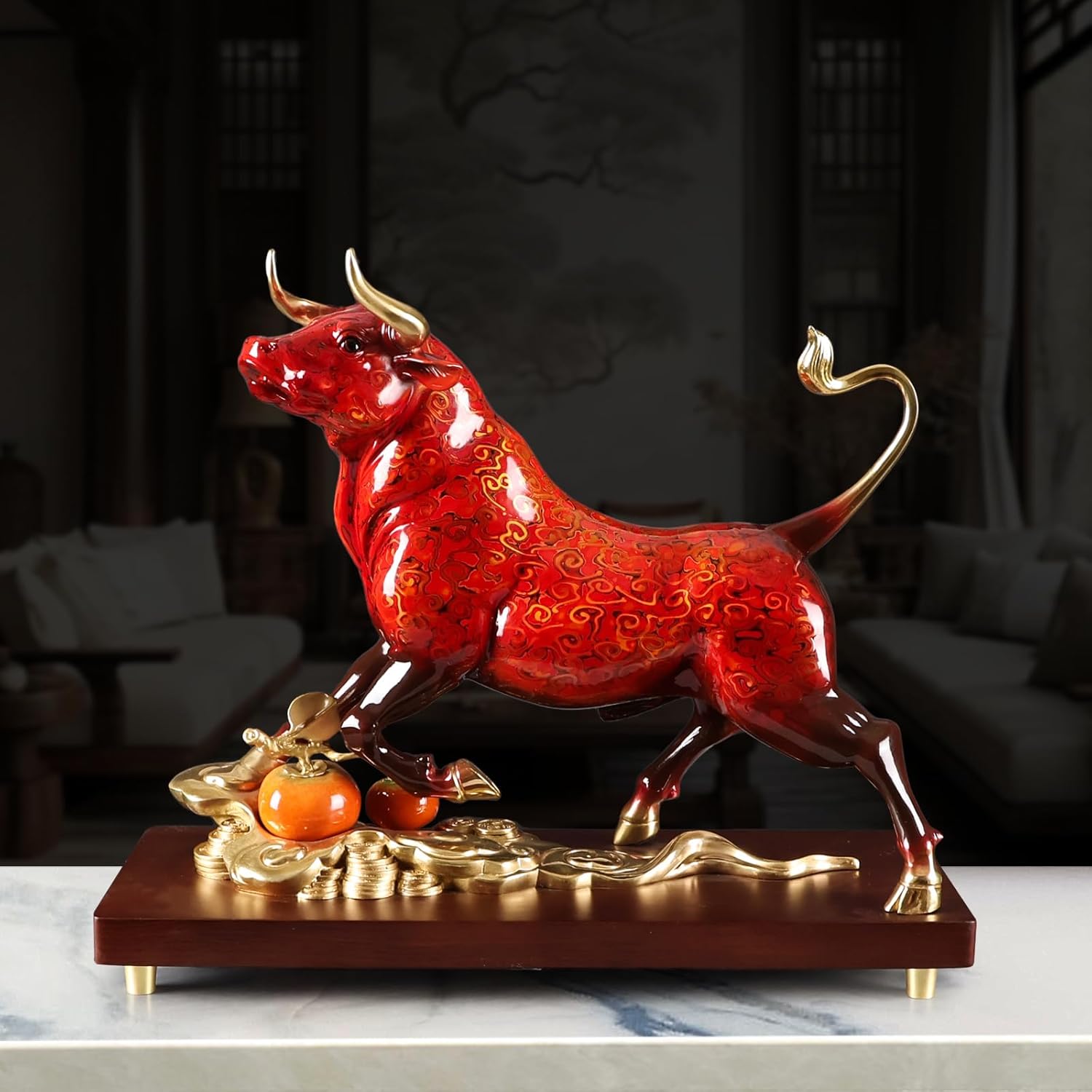 Brass Charging Bull Statue - Red Gold Home Decor Sculpture