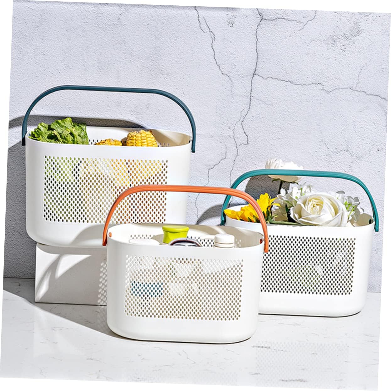 Mobestech Lightweight Plastic Storage Basket with Handles for Bathroom and Kitchen