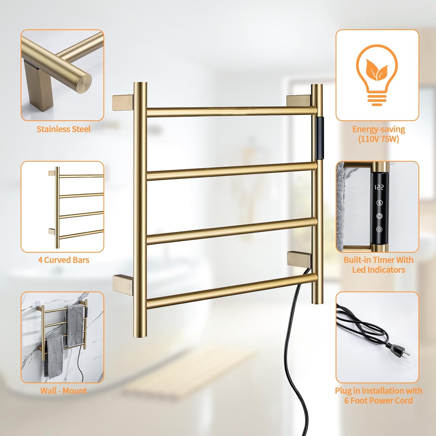 TRJIKAG Heated Towel Racks 4 Bars Electric Warm Towel Dryer Gold
