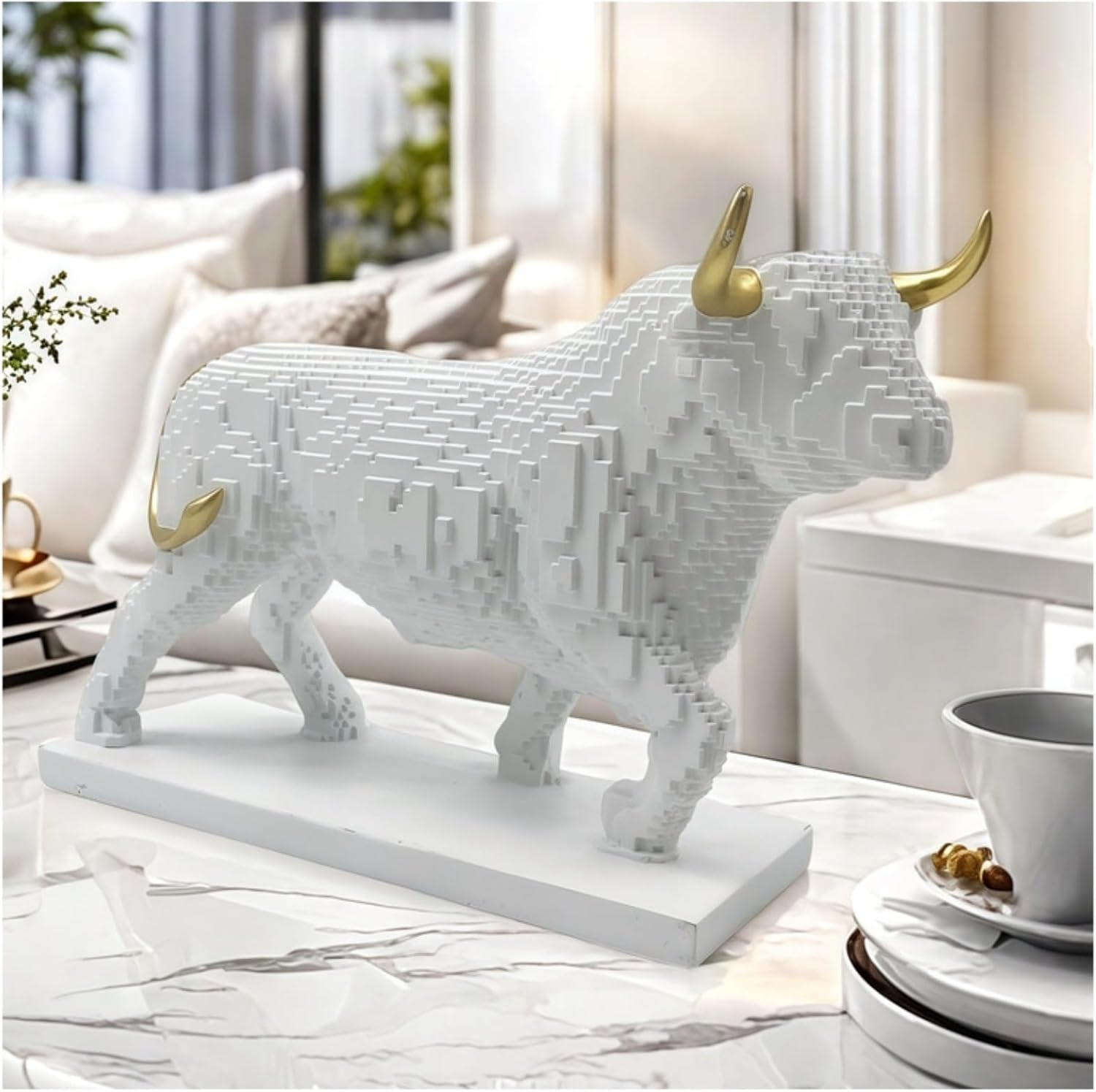 Pixelated Bull Sculpture Decor Artsy Figurine Home Office