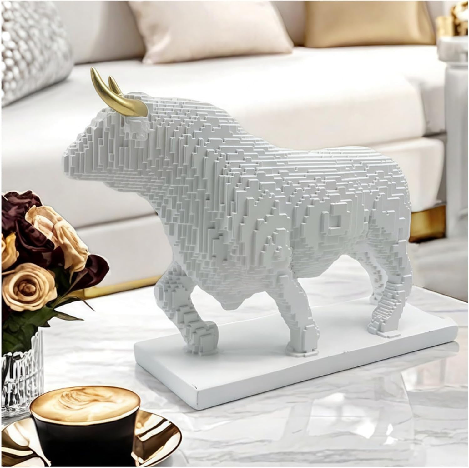 Pixelated Bull Sculpture Decor Artsy Figurine Home Office