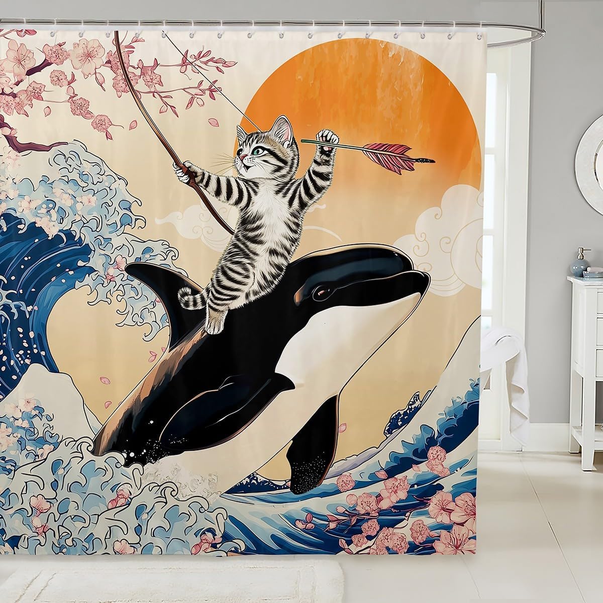 Funny Cat Shower Curtain with Cherry Blossoms Pattern