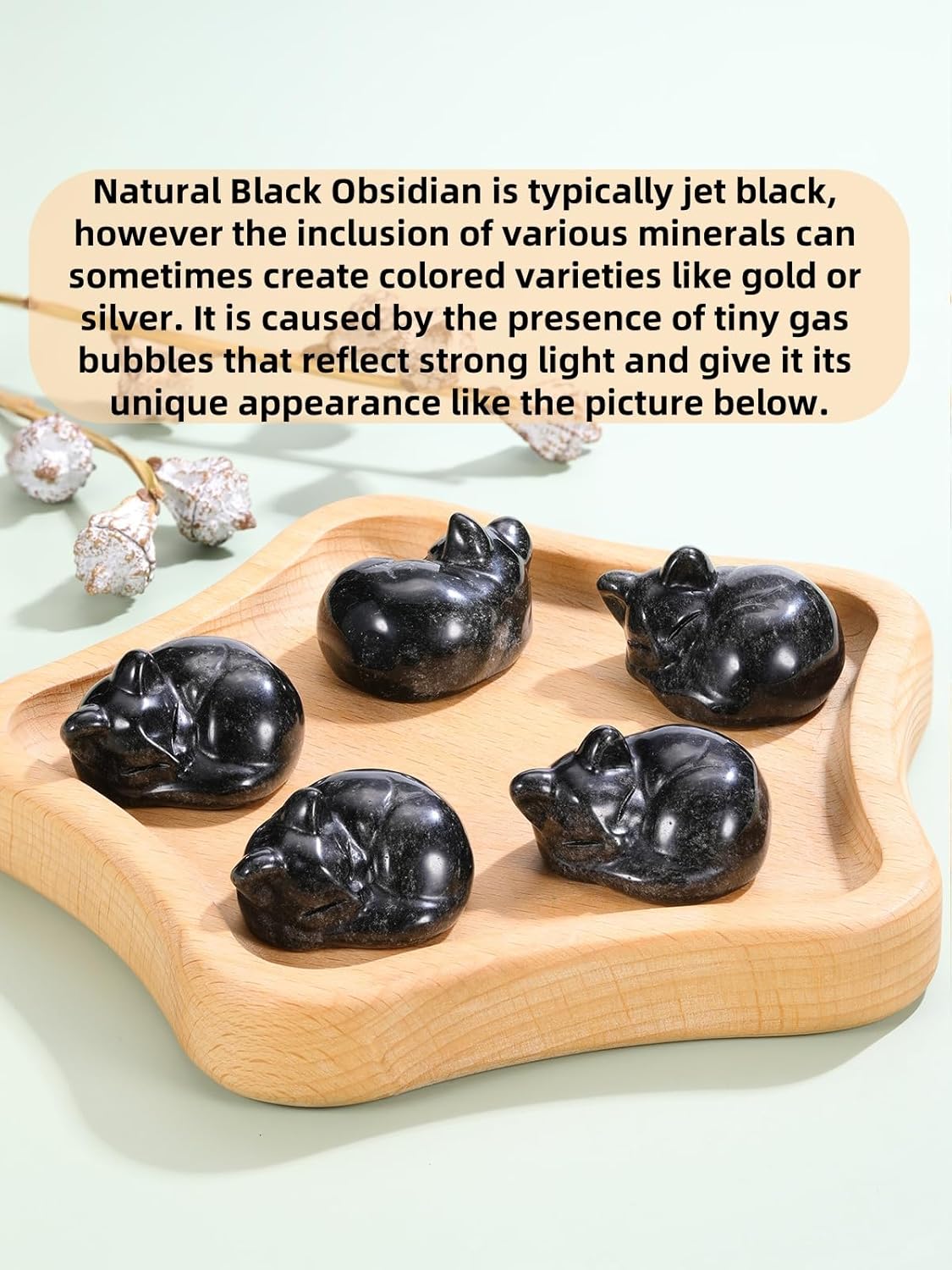 Jovivi Polished Black Obsidian Sleeping Cat Figurine 16 Inch Handmade Crystal Kitten Statue