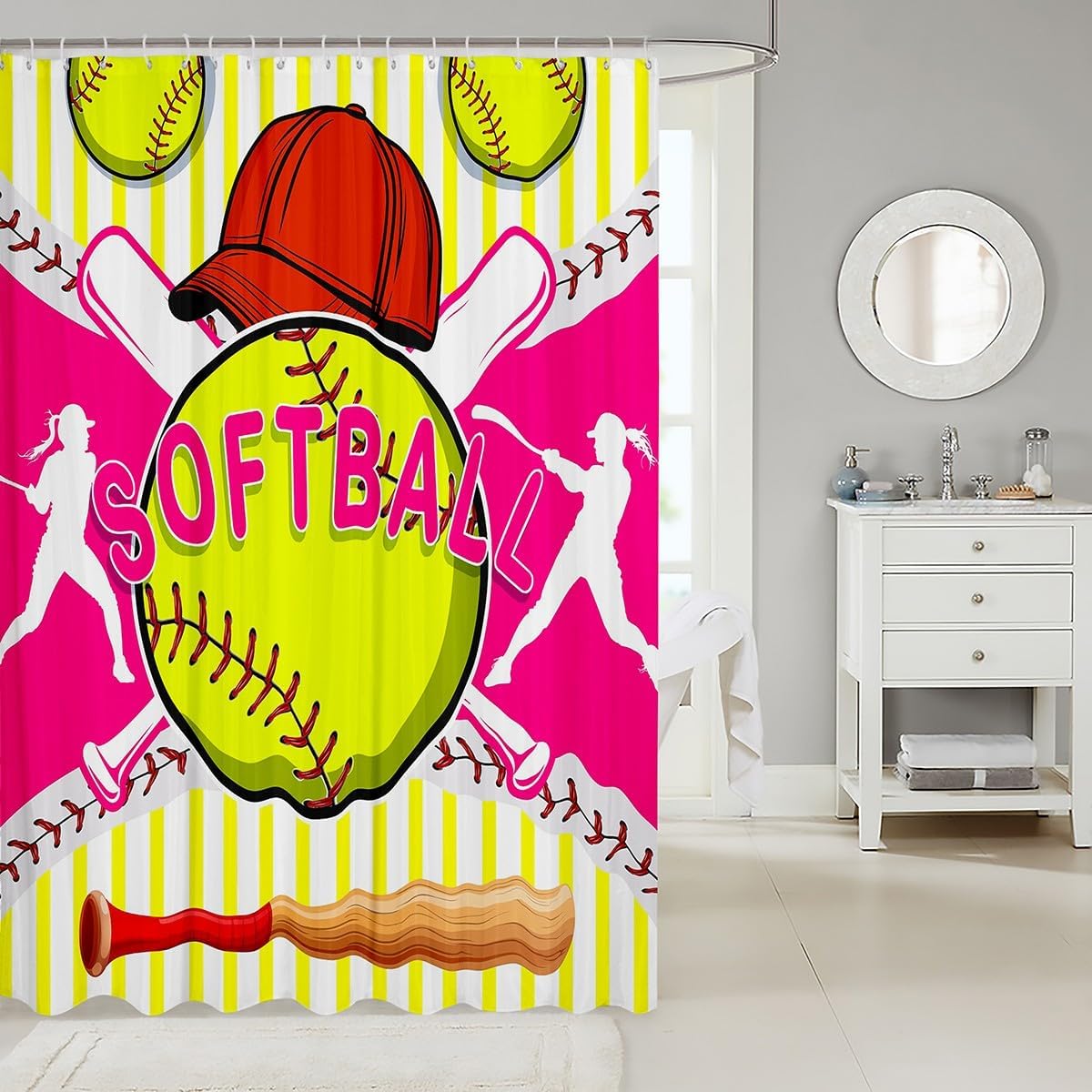 Erosebridal Softball Shower Curtain Set 72x84 Hot Pink Yellow Striped