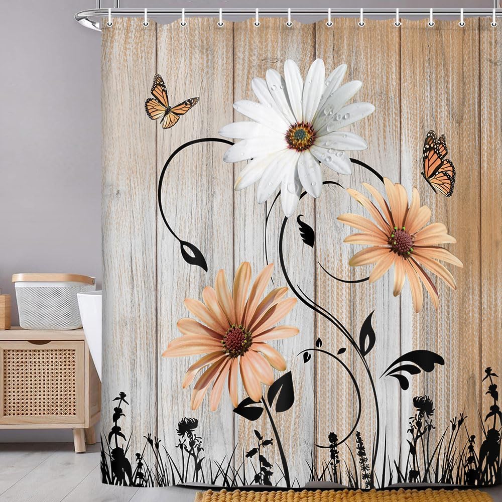 Rustic Farmhouse Floral Shower Curtain Set with Hooks
