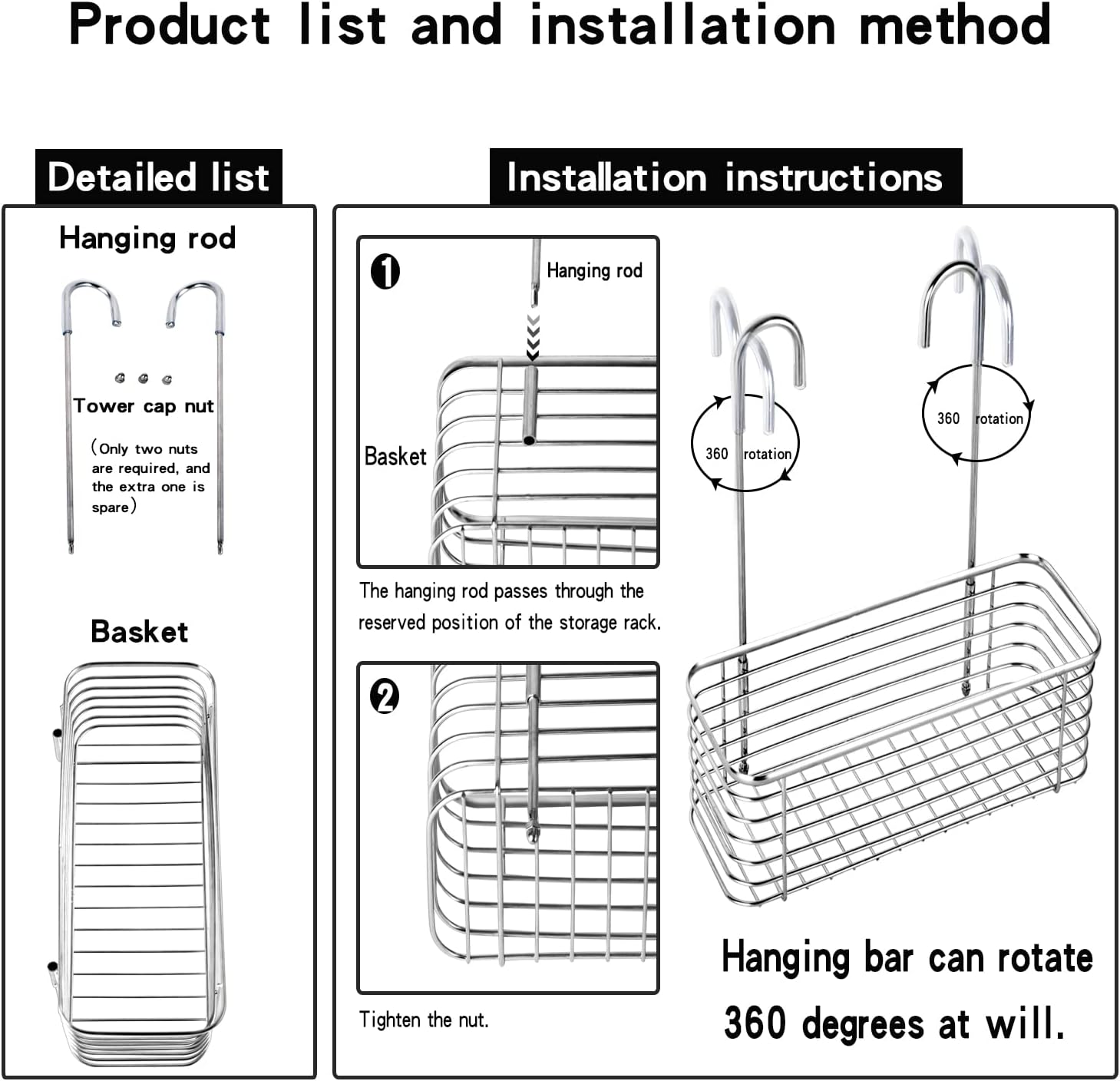 304 Stainless Steel Hanging Shower Rack with Rotatable Hooks