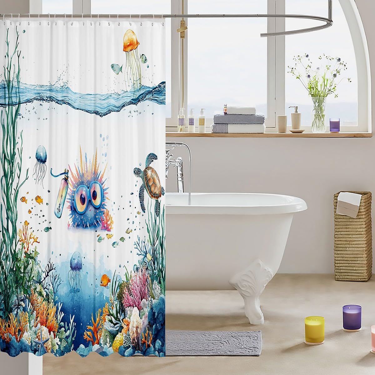 Funny Sea Urchin Shower Curtain Set with 12 Hooks