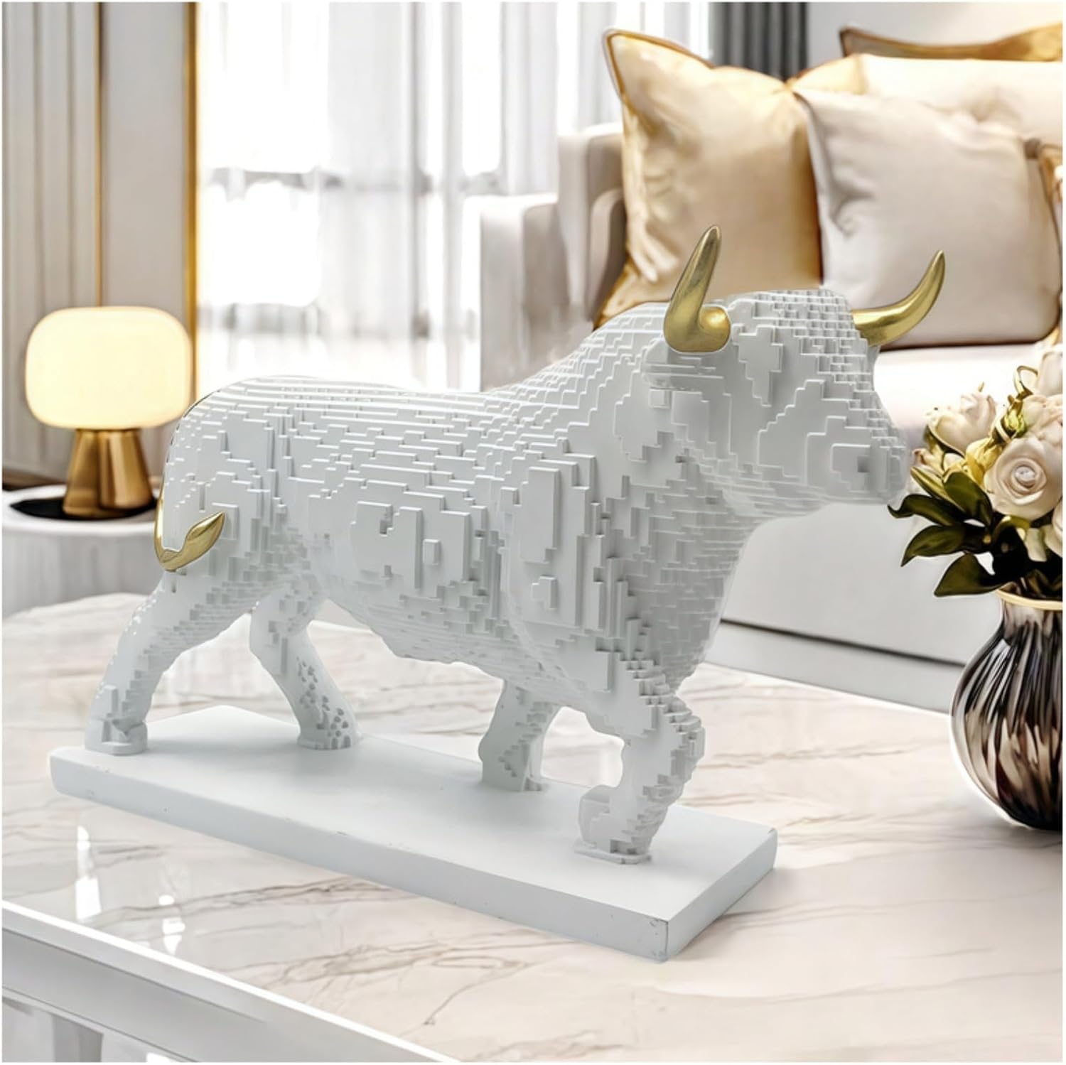 Pixelated Bull Sculpture Decor Artsy Figurine Home Office