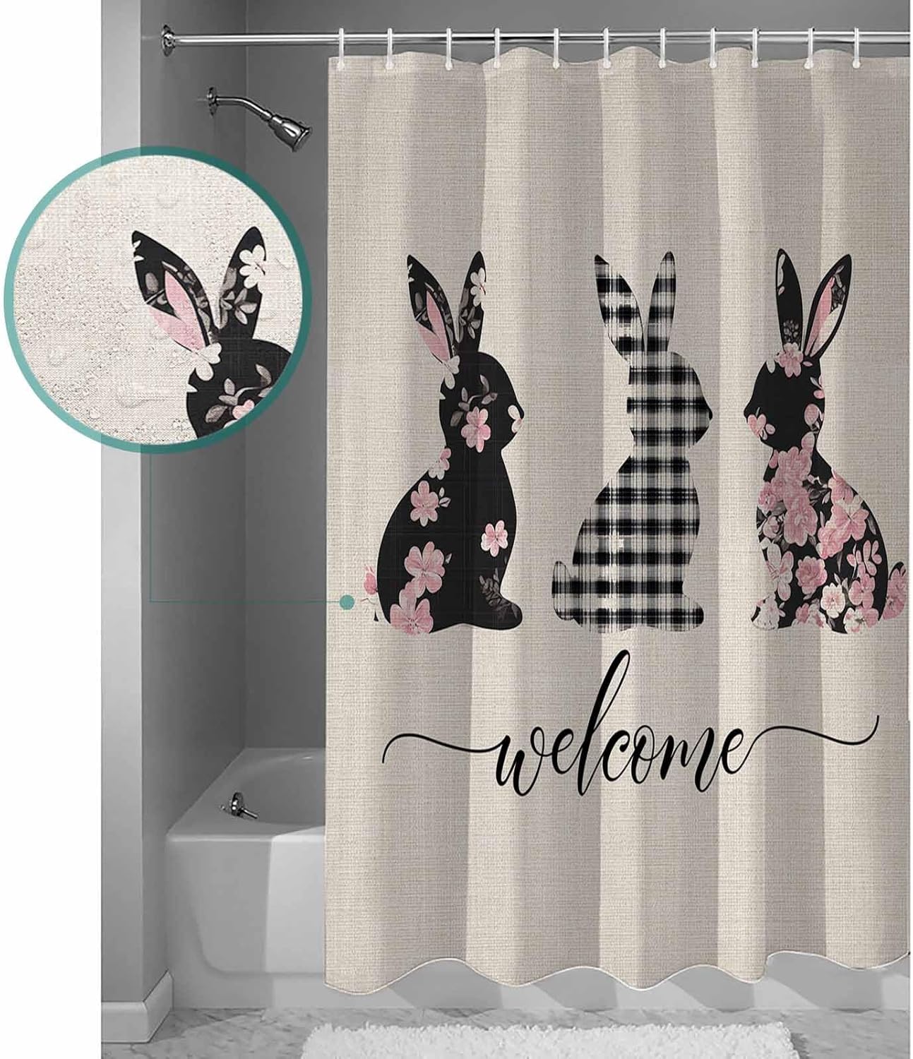 CosyBright Shower Curtain Set with Hooks 72x72 Inch Black Buffalo Plaid Easter Rabbits
