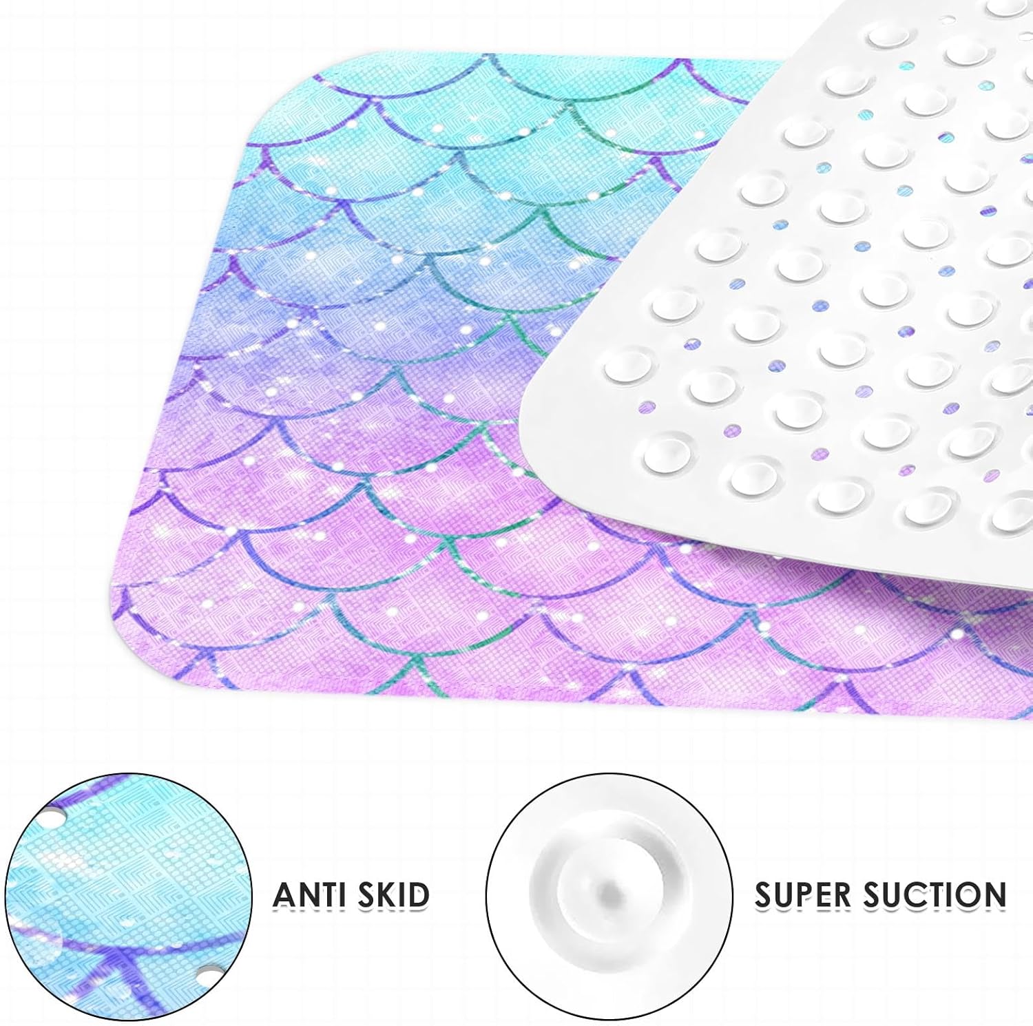 Culudea Pink Blue Mermaid Bathtub Mat 40X16 Inch Non-Slip