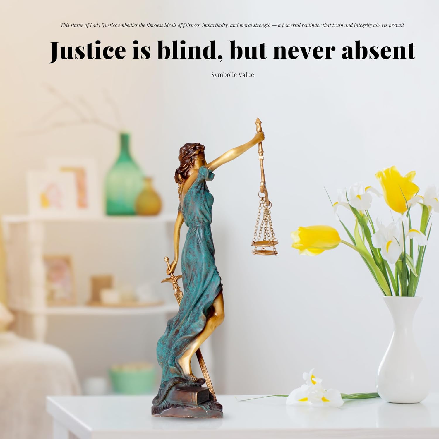R REALONG Bronze Blind Justice Statue 11 Law Figure Office Desk Sculpture