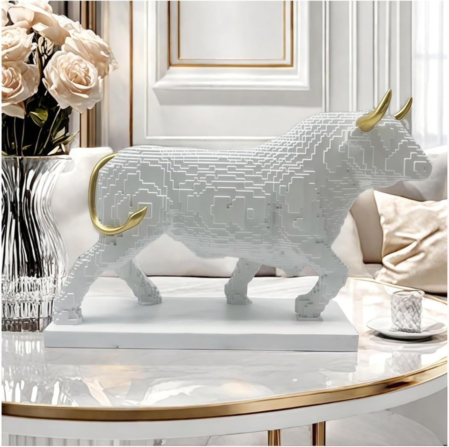 Pixelated Bull Sculpture Decor Artsy Figurine Home Office