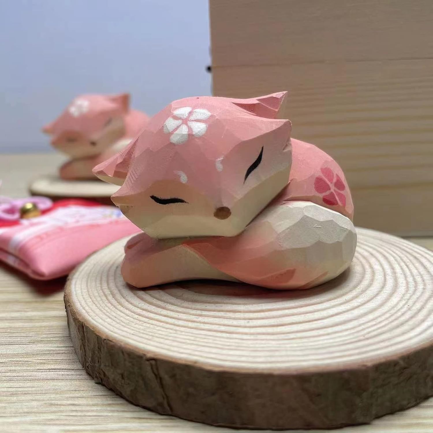 Pink Handmade Wooden Fox Statue Sculpture