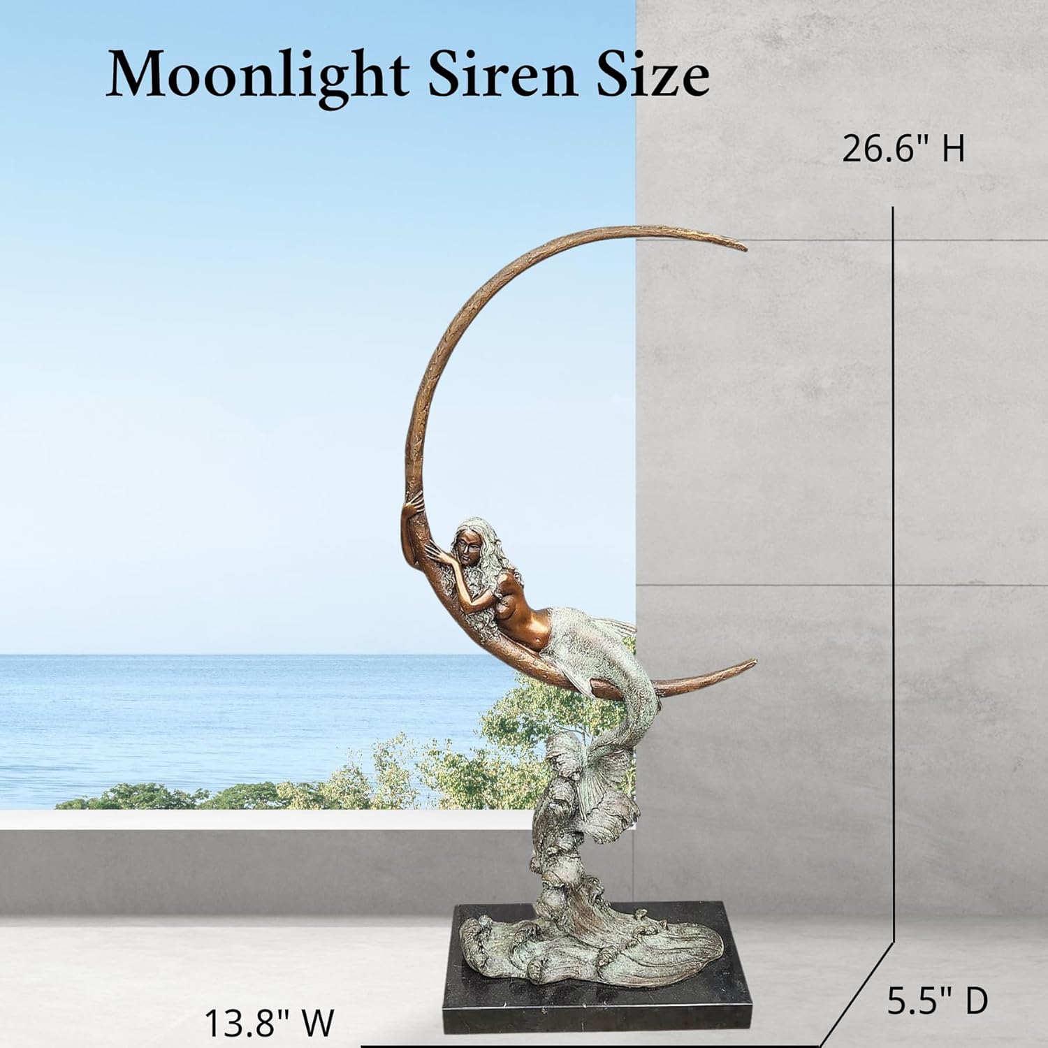 Bronze Mermaid on Crescent Moon Sculpture Moonlight Siren
