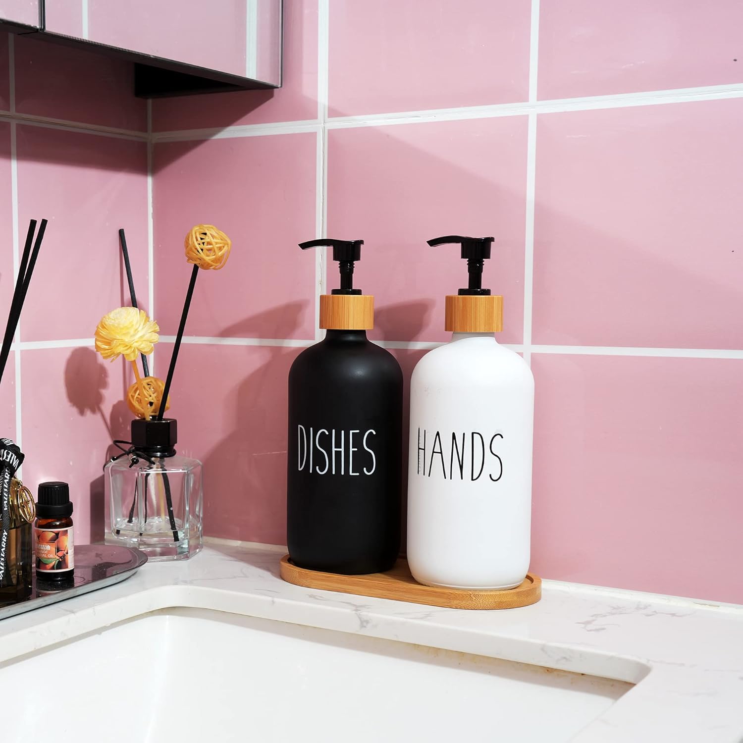 Funly mee 2 Pack Glass Soap Dispenser Set with Wood Tray