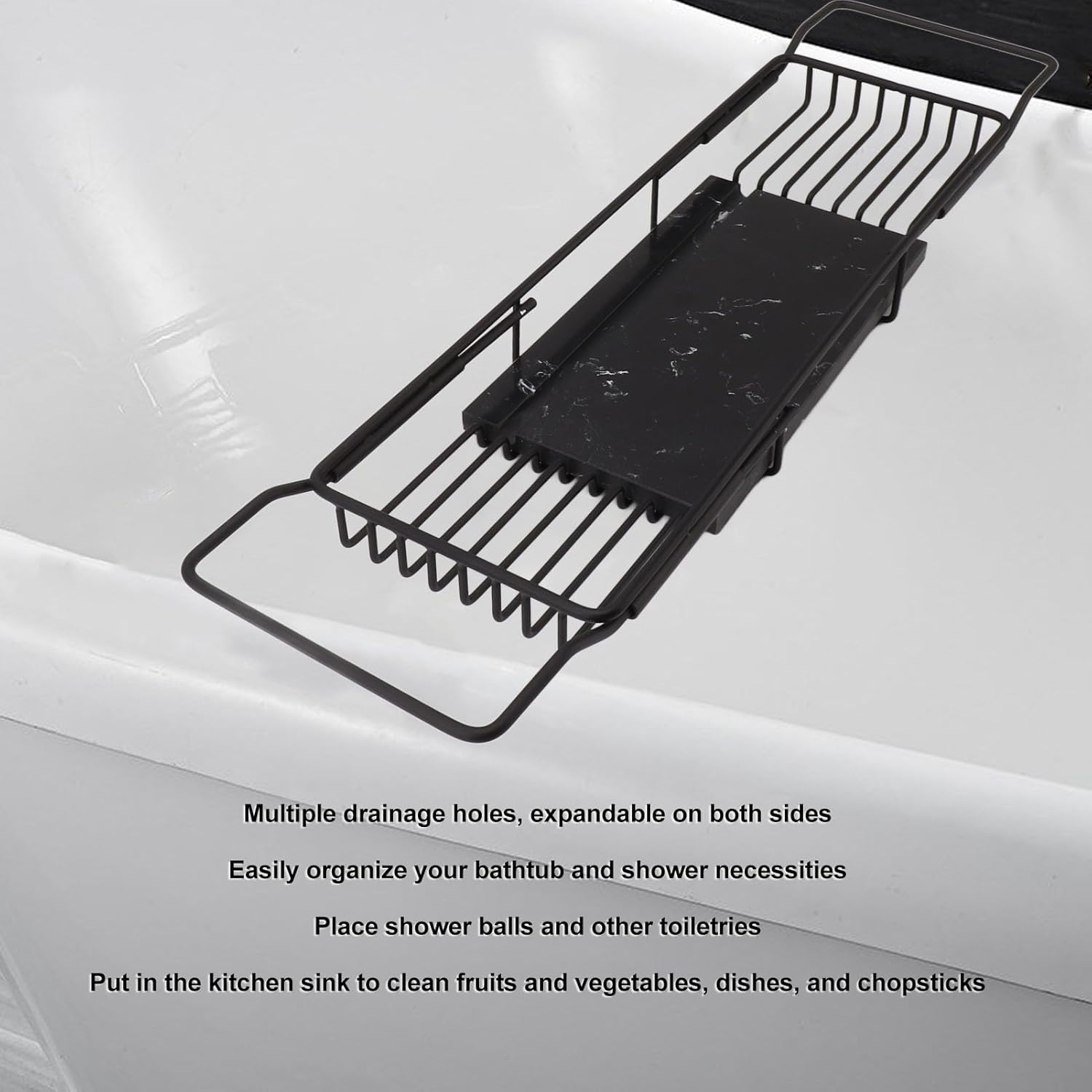 Fafeicy Metal Marble Bathtub Tray with Anti-Slip Retractable Shelves