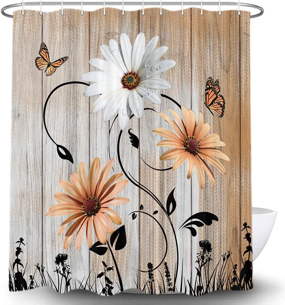 Rustic Farmhouse Floral Shower Curtain Set with Hooks