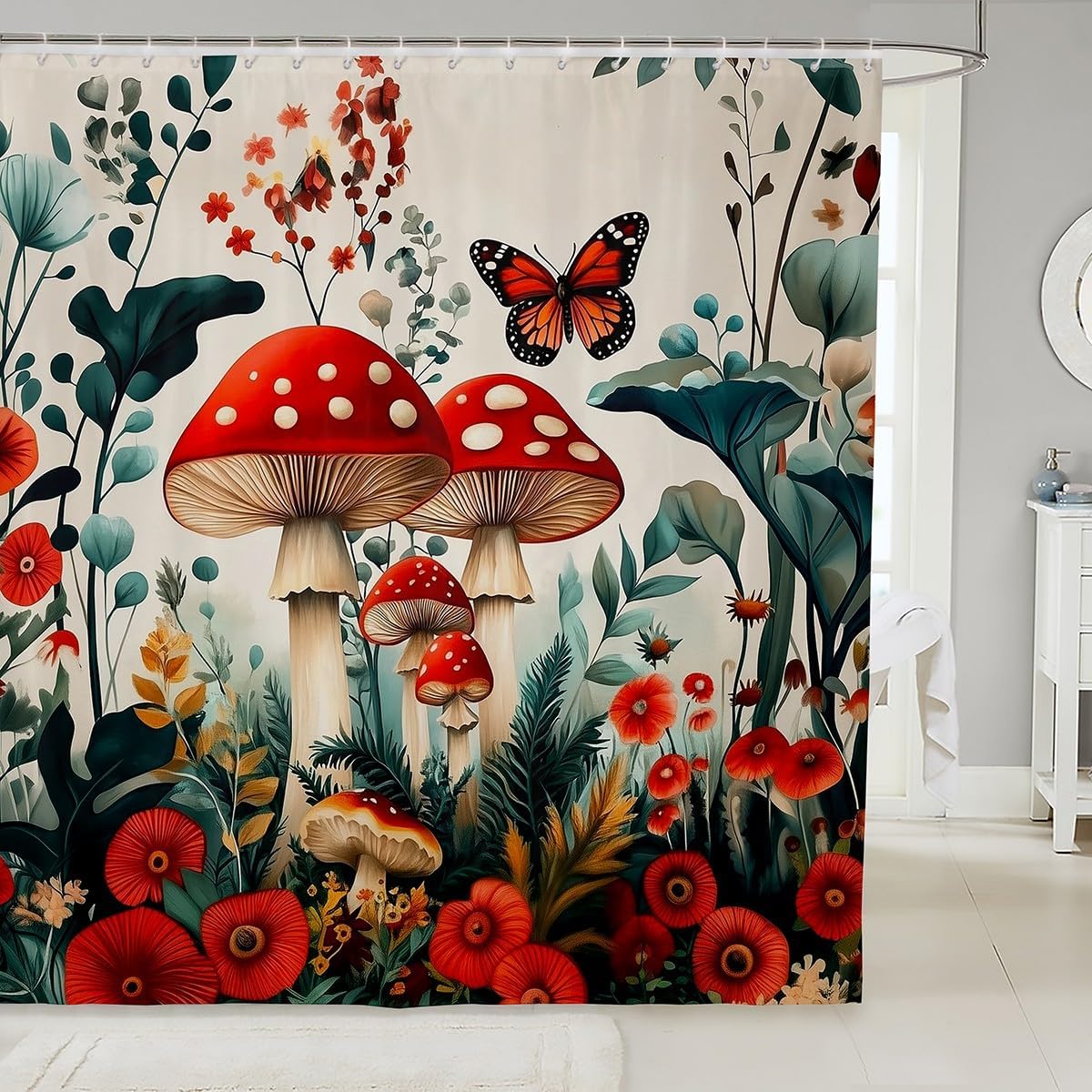 Erosebridal Mushroom Floral Shower Curtain Set