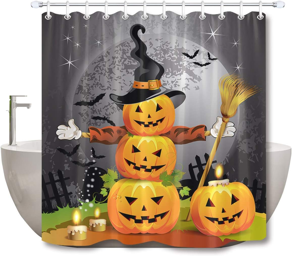 LB Halloween Pumpkin Magic Hat Ghost Broom Shower Curtain Set