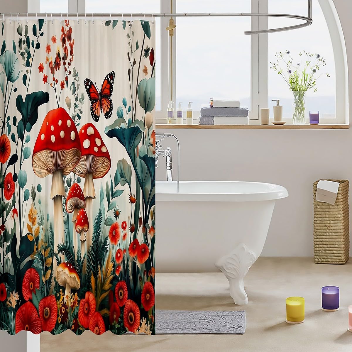 Erosebridal Mushroom Floral Shower Curtain Set