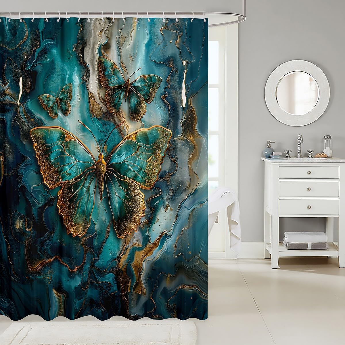Erosebridal Gold Teal Marble Shower Curtain Set with 15 Hooks